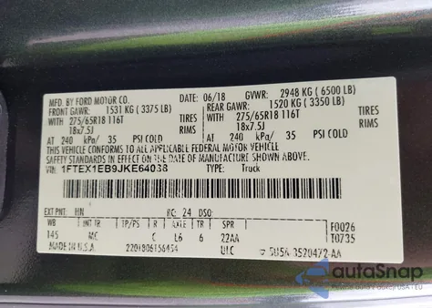 2018 Ford F-150 Xlt из США, поврежденный, VIN 1FTEX1EB9JKE64038